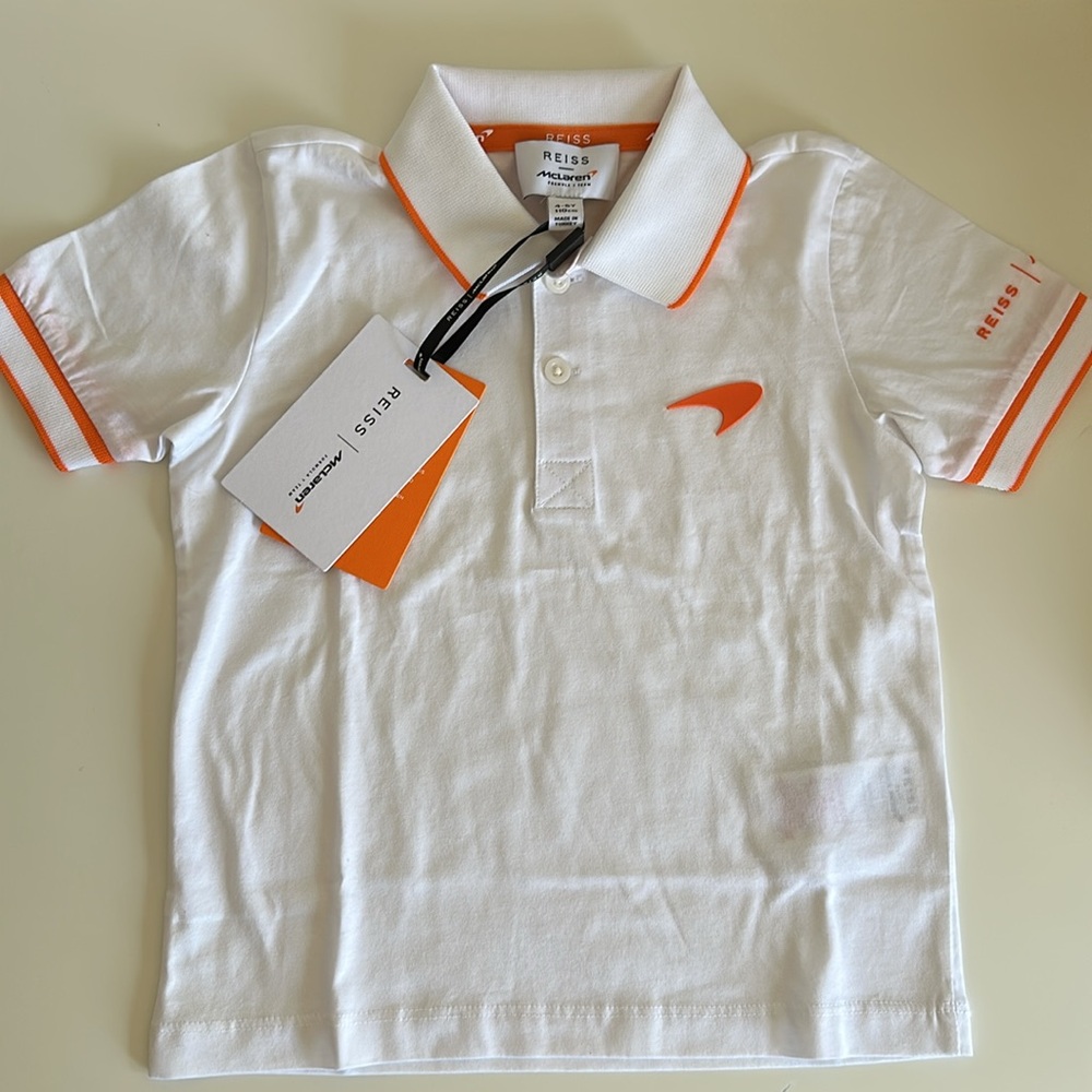 Reiss McLaren Formula Team Kids Polo Shirt in White with Orange Trim